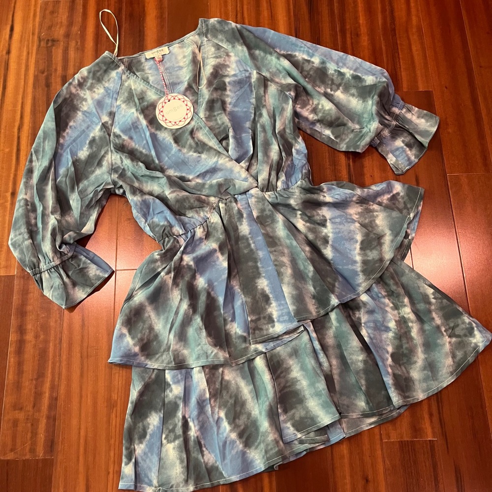 Umgee Blue Dress Tie Dye Tiered Ruffle Mini V-Neck Long Sleeve Lightweight New S